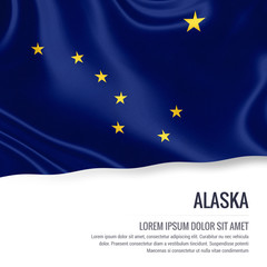 Flag of U.S. state Alaska waving on an isolated white background. State name and the text area for your message.