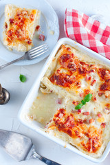 Sliced lasagna with ham, top view