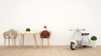 giraffe doll with bear doll and Vintage motorcycle in kid room - 3D Rendering