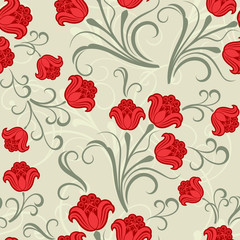 Seamless red and green flower pattern.