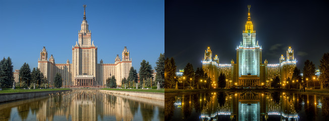Fototapeta na wymiar Day and night series: Lomonosov Moscow State university. This is two high dynamic range (HDR) photos of same location from same point of shoot.