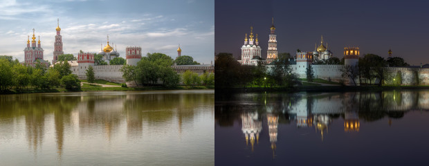 Day and night series: Novodevichy Convent (also known as Bogoroditse-Smolensky monastery), Moscow. This is two high dynamic range (HDR) photos of same location from same point of shoot.