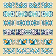 Vector set of decorative tile borders. Collection of colored patterns for design and fashion