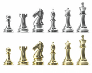 Silver and gold set of icons for chess, on white background, intelligent game, 3d rendering