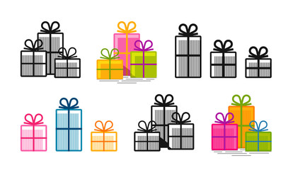 Gifts, set icons. Surprise, shopping, box symbol or logo. Vector illustration