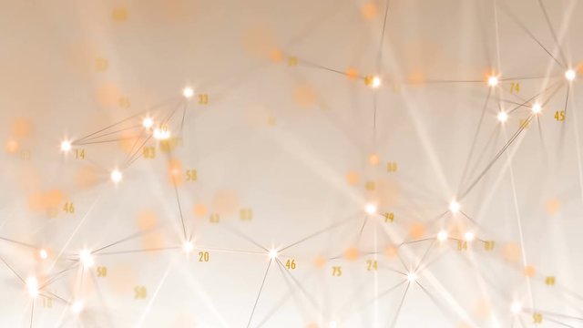 Plexus Flying Numbers Loop 1C: warm orange background gradient, rotating flickering mesh cloud of connections, random orange percentage numbers and bright shiny dots. 4K UHD, FullHD, seamless loop.