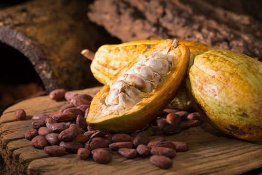Cacao fruit, raw cacao beans, Cocoa pod on wooden background