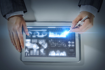 Woman using modern graphics . Mixed media