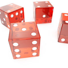 Transparent red cubes on a white background, concept of gambling for example: casino, roulette, 3d rendering