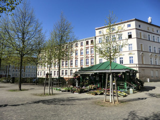 Fototapeta na wymiar Leipziger Platz im Stadtteil Altberesinchen, der historischen Altstadt von Frankfurt an der Oder, im Frühling