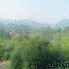 Drops of water on glass, nature, rain, realistic 3d rendering