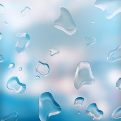 Fototapeta premium Water drops of rain on blue glass background, nature background. 3d rendering