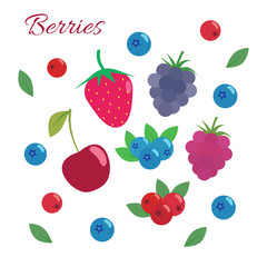 Berries set. Flat design. Strawberry, blueberry, blackberry, raspberry, cherry, cranberry isolated on white background.