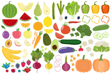 Set of fresh healthy vegetables, fruits and berries isolated. Slices of fruits and vegetables. Flat design. Organic farm illustration. Healthy lifestyle vector design elements.