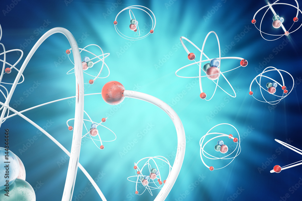 Poster atom background, shining nuclear model atoms and electrons. physics concept. 3d rendering