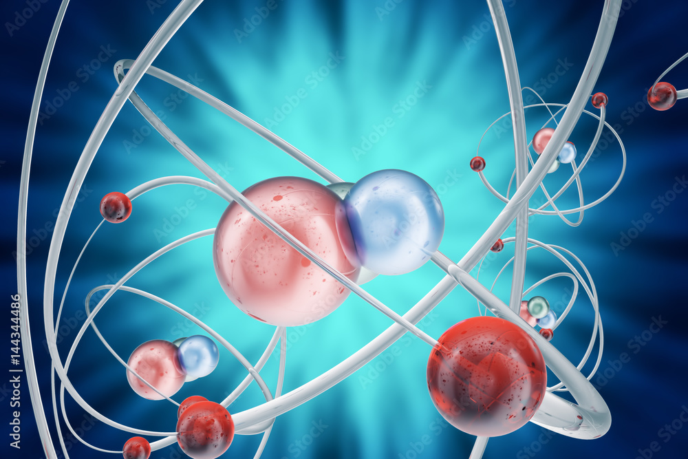 Aufkleber atom background, shining nuclear model atoms and electrons. physics concept. 3d rendering