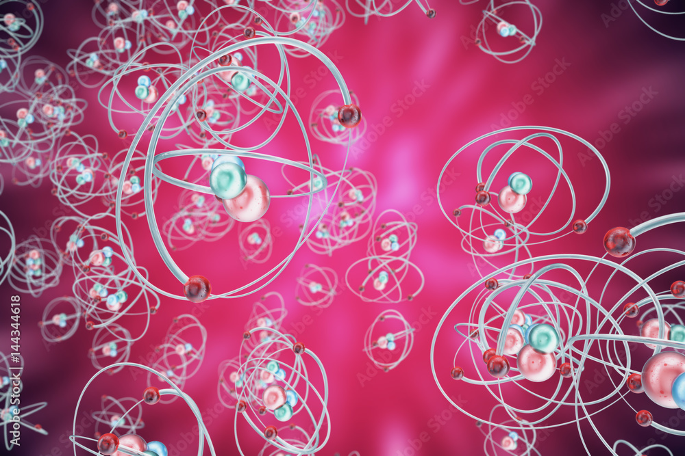 Poster atom background, shining nuclear model atoms and electrons. physics concept. 3d rendering