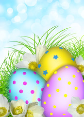 Easter card. Eggs, flowers, grass, 3d