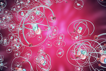 Atom background, shining nuclear model atoms and electrons. Physics concept. 3d rendering