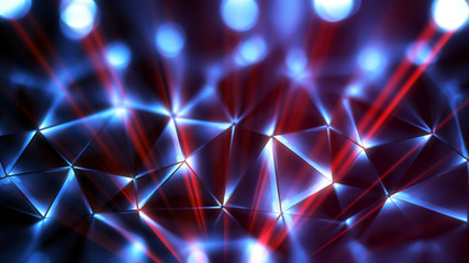 Colored abstract geometric background. 3D illustration.
Polygonal glossy surface. Glowing structure. Optical flares glare