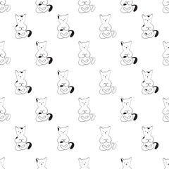 Cute cats in a yoga pose. Black and white seamless background.