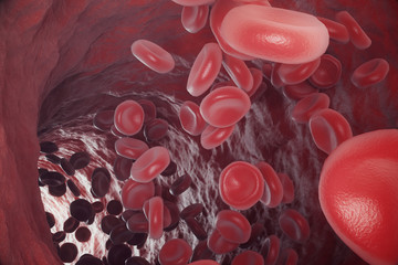 Red blood cells in artery, flow inside body, concept medical human health care, 3d rendering