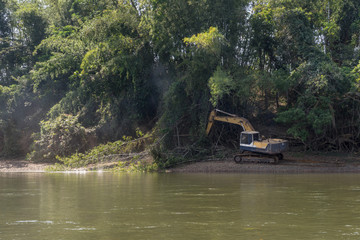 Excavator cutting down bamboo forest near river