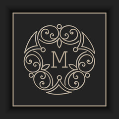 Vector floral and geometric monogram frame on dark gray background. Monogram design element. Vintage styled initial decoration.