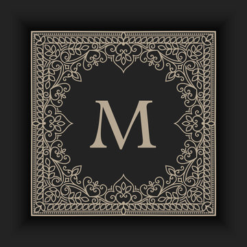 Vector floral and geometric monogram frame on dark gray background. Monogram design element. Vintage styled initial decoration.