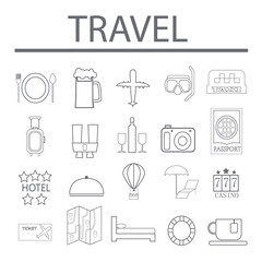 Vector illustration of thin line icons for travel. Linear symbols set. 