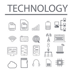 Vector illustration of thin line icons for technology. Linear symbols set. 