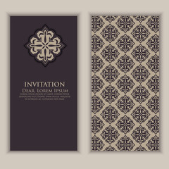 Invitation, cards with ethnic arabesque elements. Arabesque style design. Business cards. Elegant ornate damask background. Elegant floral abstract ornament. Design template.