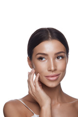 Young Woman With Smooth Soft Skin Touching Face. Skin Care