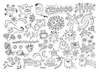 Set of Vector Doodle Bacteria Germs or Cartoon Monsters. Hand Drawn Viruses Collection Isolated