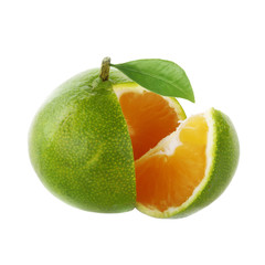 green tangerine slice with green leaf  isolated on white