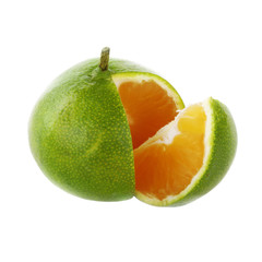 green tangerine slice isolated on white