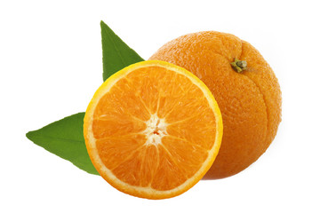 two oranges with leaves  isolated