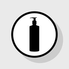Gel, Foam Or Liquid Soap. Dispenser Pump Plastic Bottle silhouette. Vector. Flat black icon in white circle with shadow at gray background.