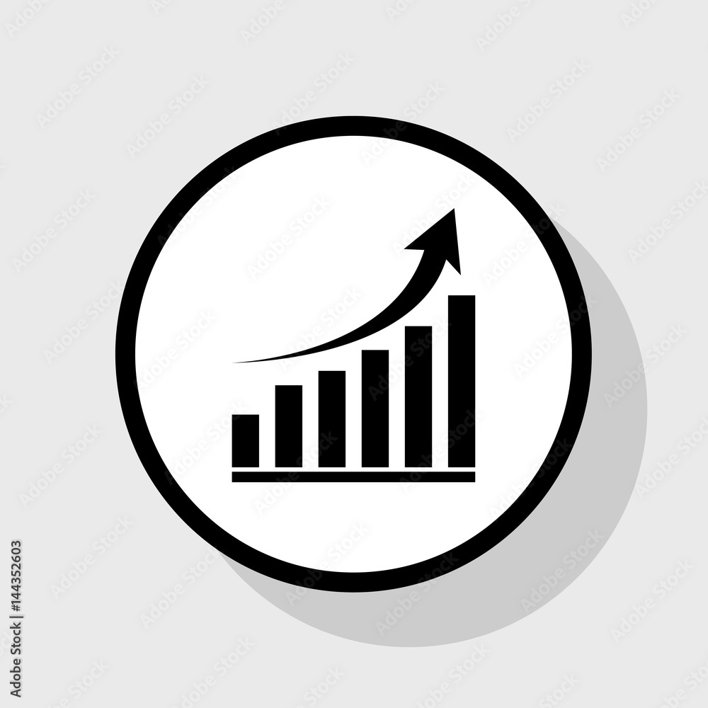 Poster growing graph sign. vector. flat black icon in white circle with shadow at gray background.