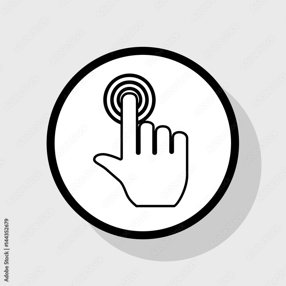 Aufkleber hand click on button. vector. flat black icon in white circle with shadow at gray background.