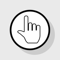 Hand sign illustration. Vector. Flat black icon in white circle with shadow at gray background.
