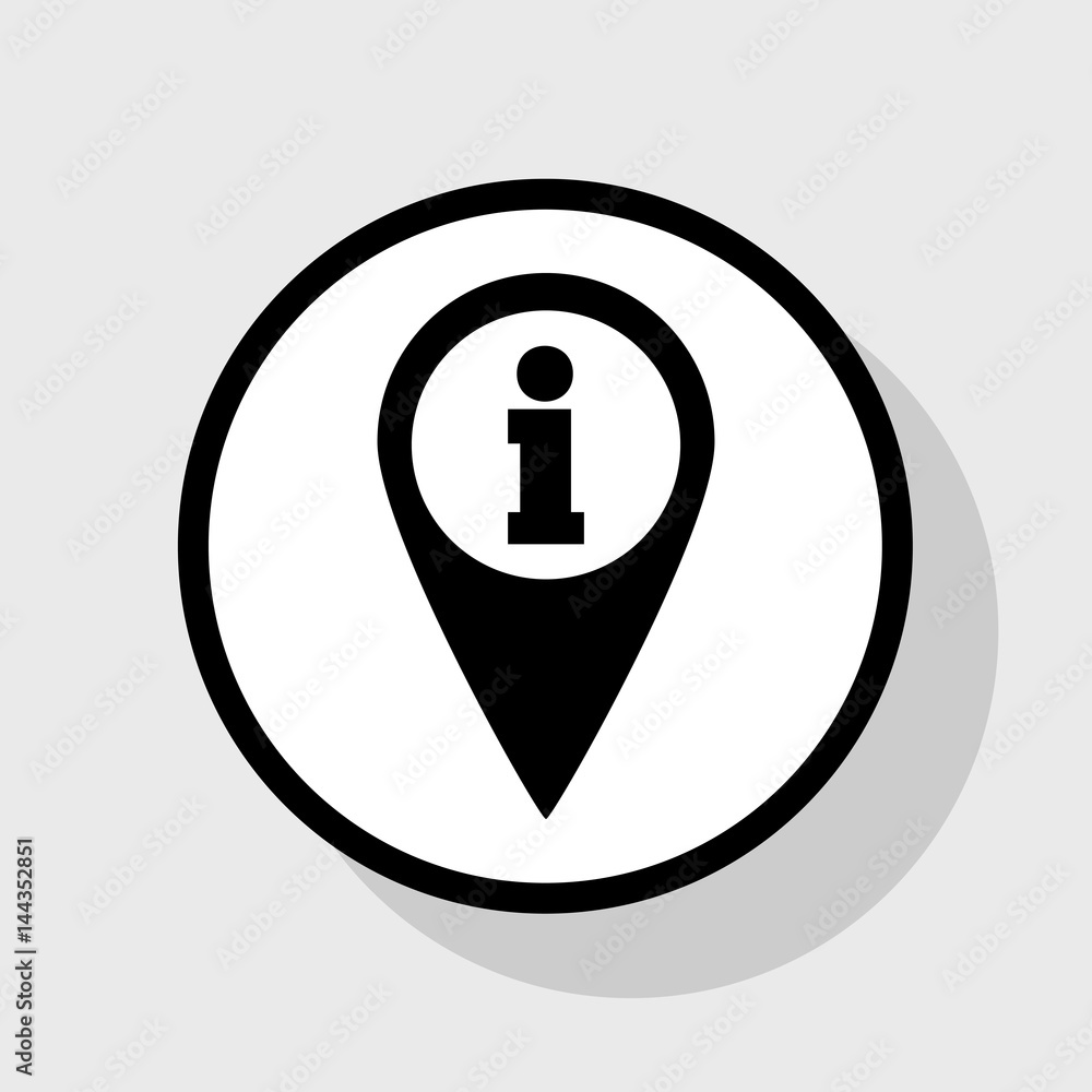 Aufkleber map pointer with information sign. vector. flat black icon in white circle with shadow at gray backg