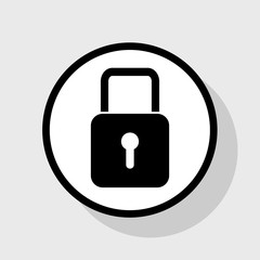 Lock sign illustration. Vector. Flat black icon in white circle with shadow at gray background.