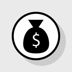 Money bag sign illustration. Vector. Flat black icon in white circle with shadow at gray background.