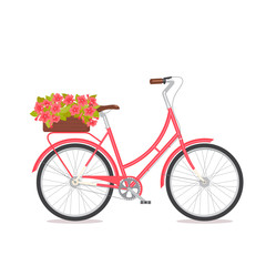 Fototapeta na wymiar Pink retro bicycle with bouquet in floral box on trunk for wedding, congatulation banner, invite, card