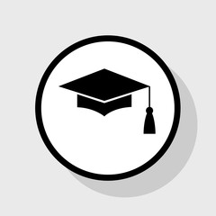 Mortar Board or Graduation Cap, Education symbol. Vector. Flat black icon in white circle with shadow at gray background.