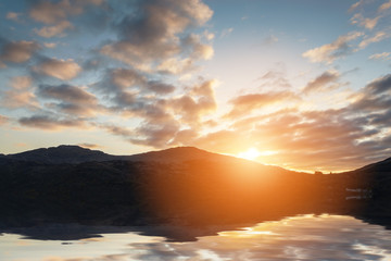 Sunset with Intense Colours and Beautiful Clouds over a Lake