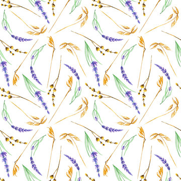 Seamless pattern with yellow dry wildflowers and lavender flowers, hand drawn in watercolor on a white background