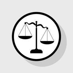 Scales of Justice sign. Vector. Flat black icon in white circle with shadow at gray background.