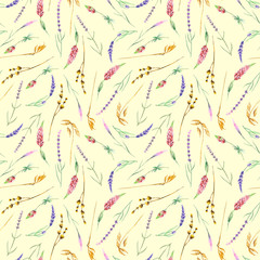 Seamless pattern with yellow dry wildflowers, lupine and lavender flowers, hand drawn in watercolor on a light yellow background